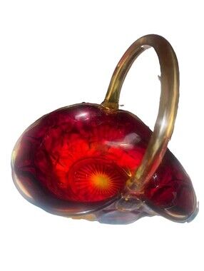 Vintage Amberina Glass Basket Sunset Signed JD Artist Jim Dunlavy GLOWS READ